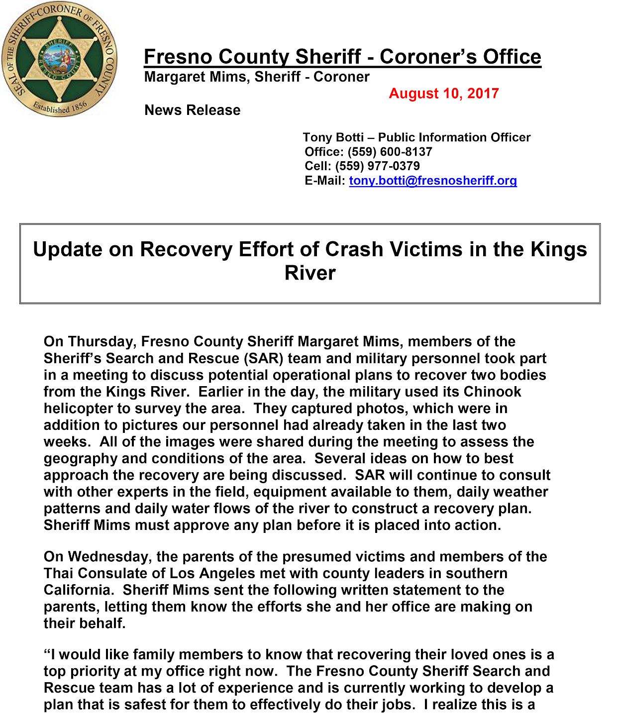 Fresno County Sheriff’s Department Update Page 1