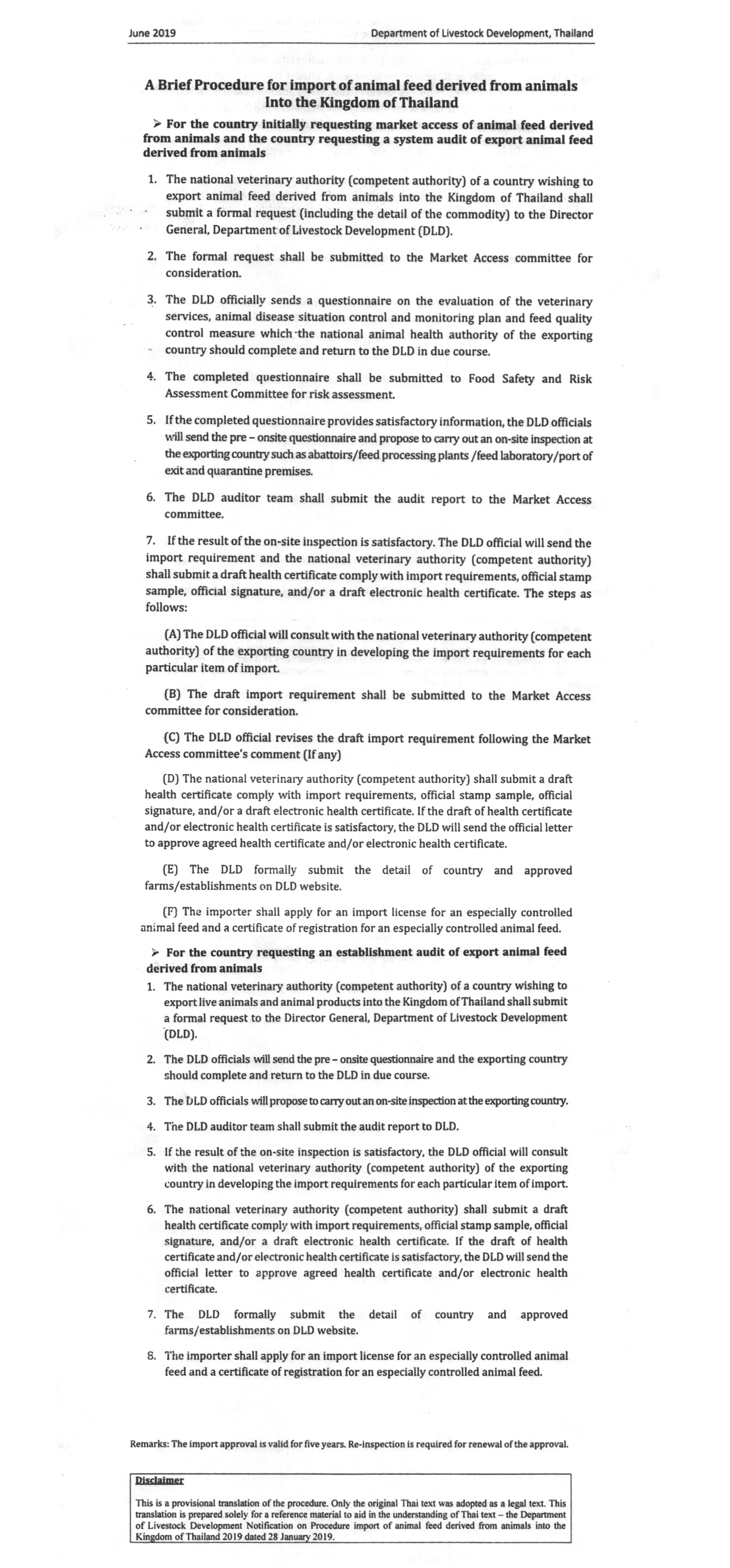 A Brief Procedure for import of animal feed derived from animals Into the Kingdom of Thailand