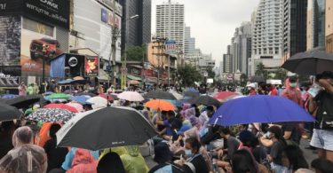 Protesters gathering at Victory Monument and Asoke intersection on Sunday