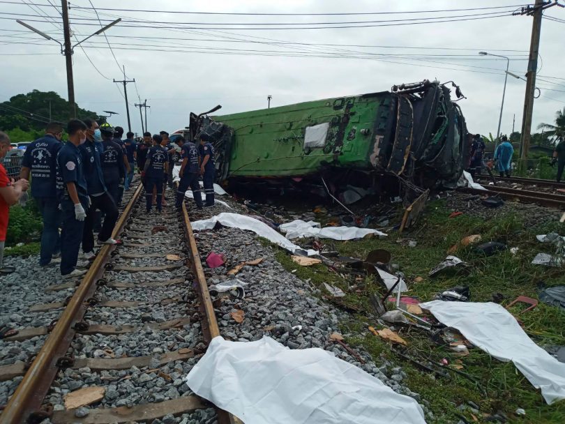 Bus-train collision in central Thailand leaves 17 dead Thailand train Bangkok AP People
