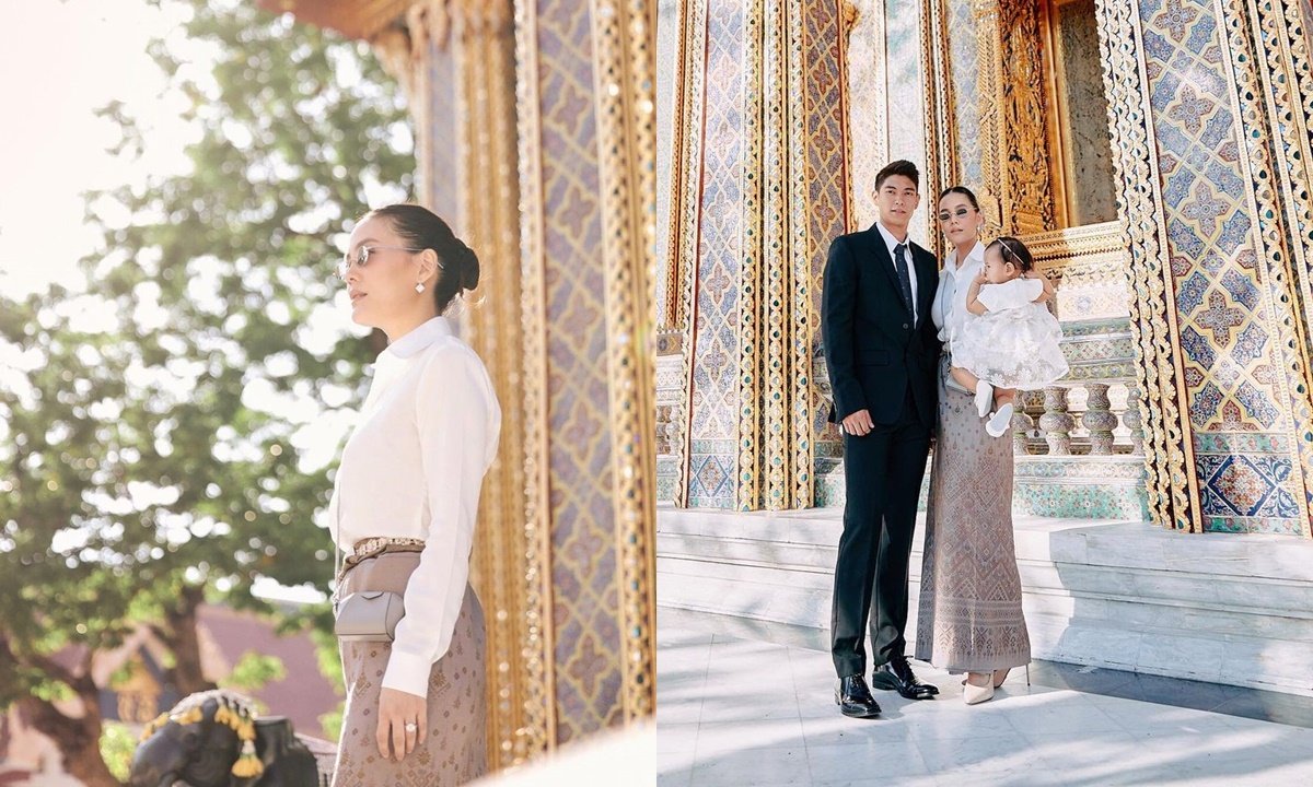 “เจนี่” สวยสะดุดตานุ่งผ้าไทยเข้าวัดทำบุญ พร้อมด้วย “มิกกี้” และลูกสาว