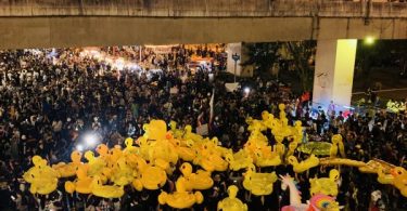 Protesters hold “anti-coup rehearsal” rally at Lat Phrao intersection