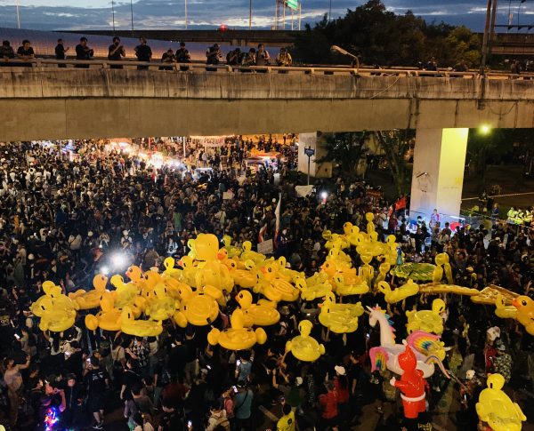 Protesters hold “anti-coup rehearsal” rally at Lat Phrao intersection