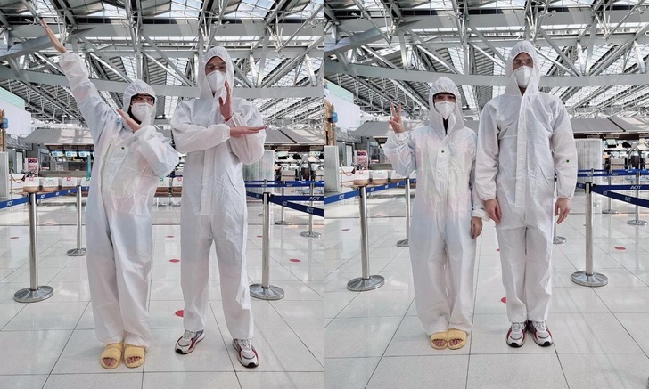 “กันต์-พลอย” ระวังขั้นสุด ใส่ชุดขึ้นเครื่องเน้นปลอดภัยไว้ก่อน