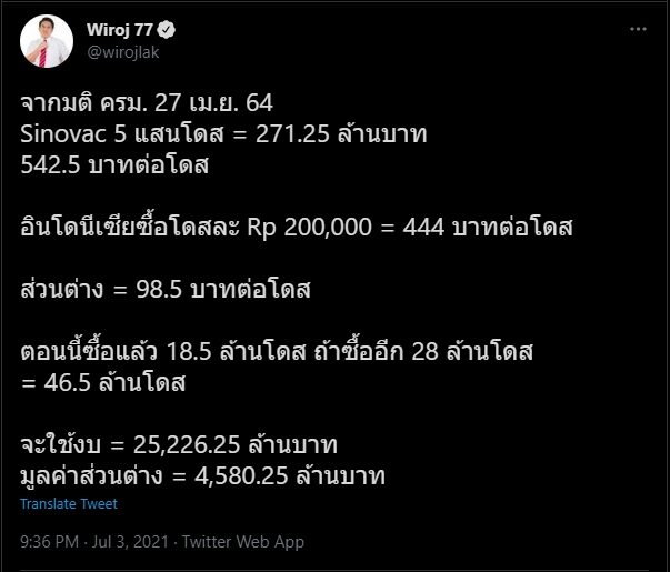 ส.ส.วิโรจน์ ชำแหละ ทำไมไทยซื้อ “ซิโนแวค” แพงกว่าอินโดฯ โดสละ 98.5 บาท
