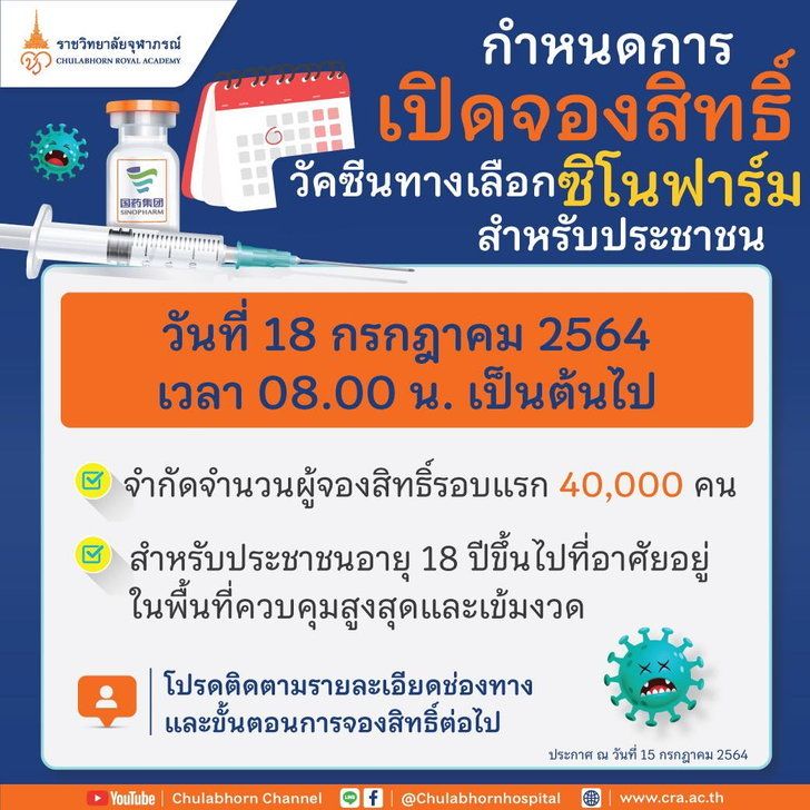 ราชวิทยาลัยจุฬาภรณ์ กำหนดดีเดย์ 18 ก.ค. เปิดให้ประชาชนจองวัคซีนซิโนฟาร์ม 4 หมื่นคน